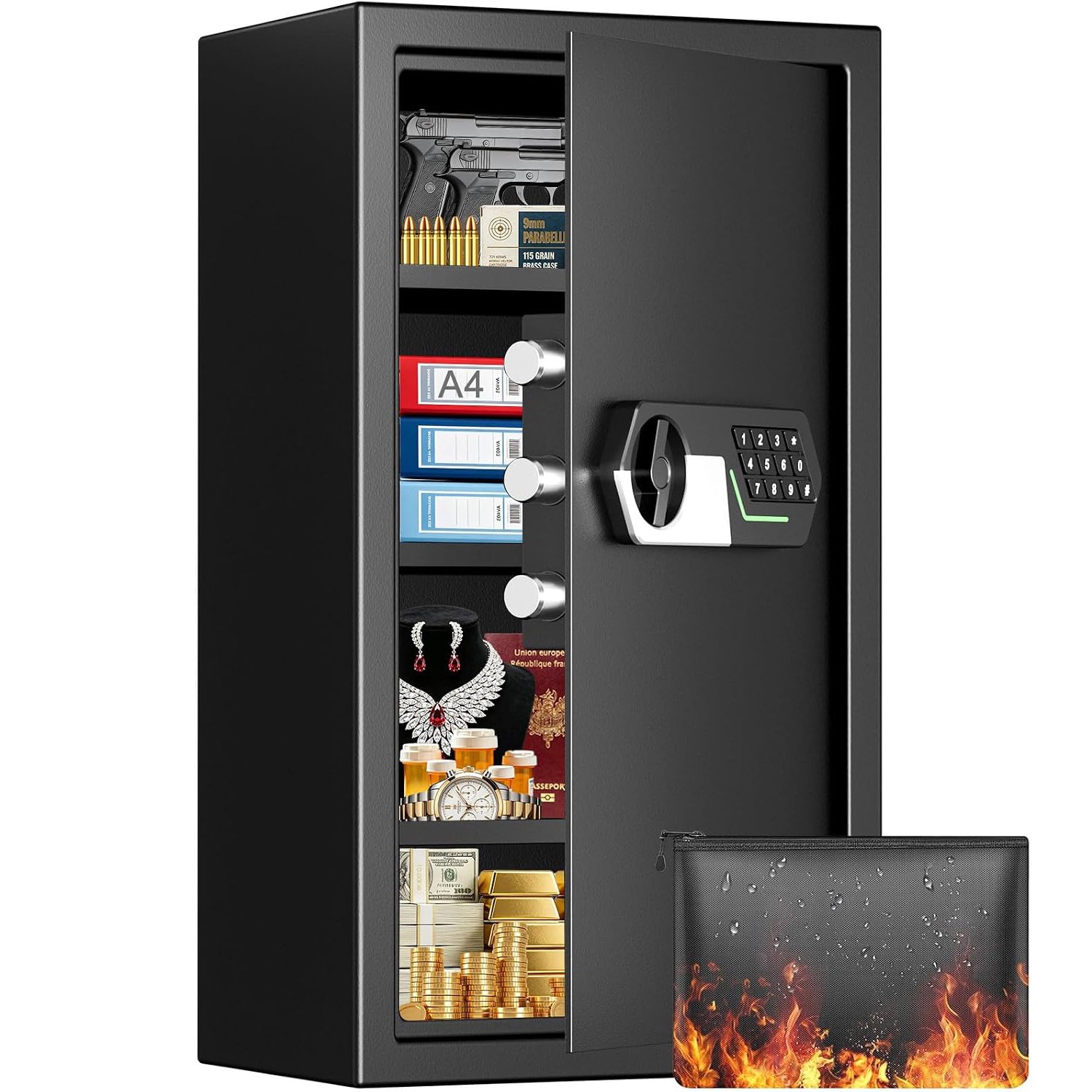 6.0 Cuft Fireproof Waterproof Home Safe, Anti‑Theft Keypad & Key Lock, 3 Removable Shelves