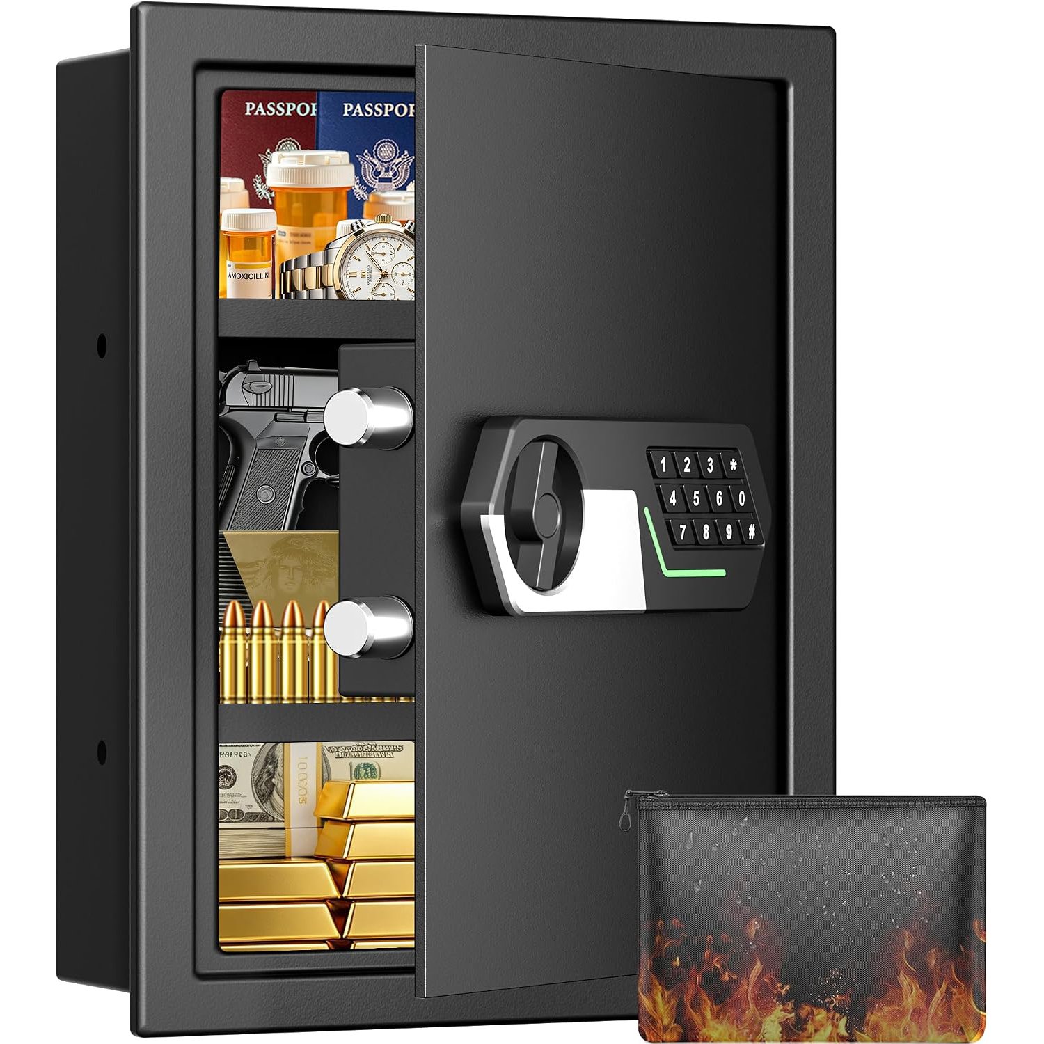 22″ Tall Fireproof In‑Wall Safe Between Studs, Digital Keypad Fire Security Wall Safe