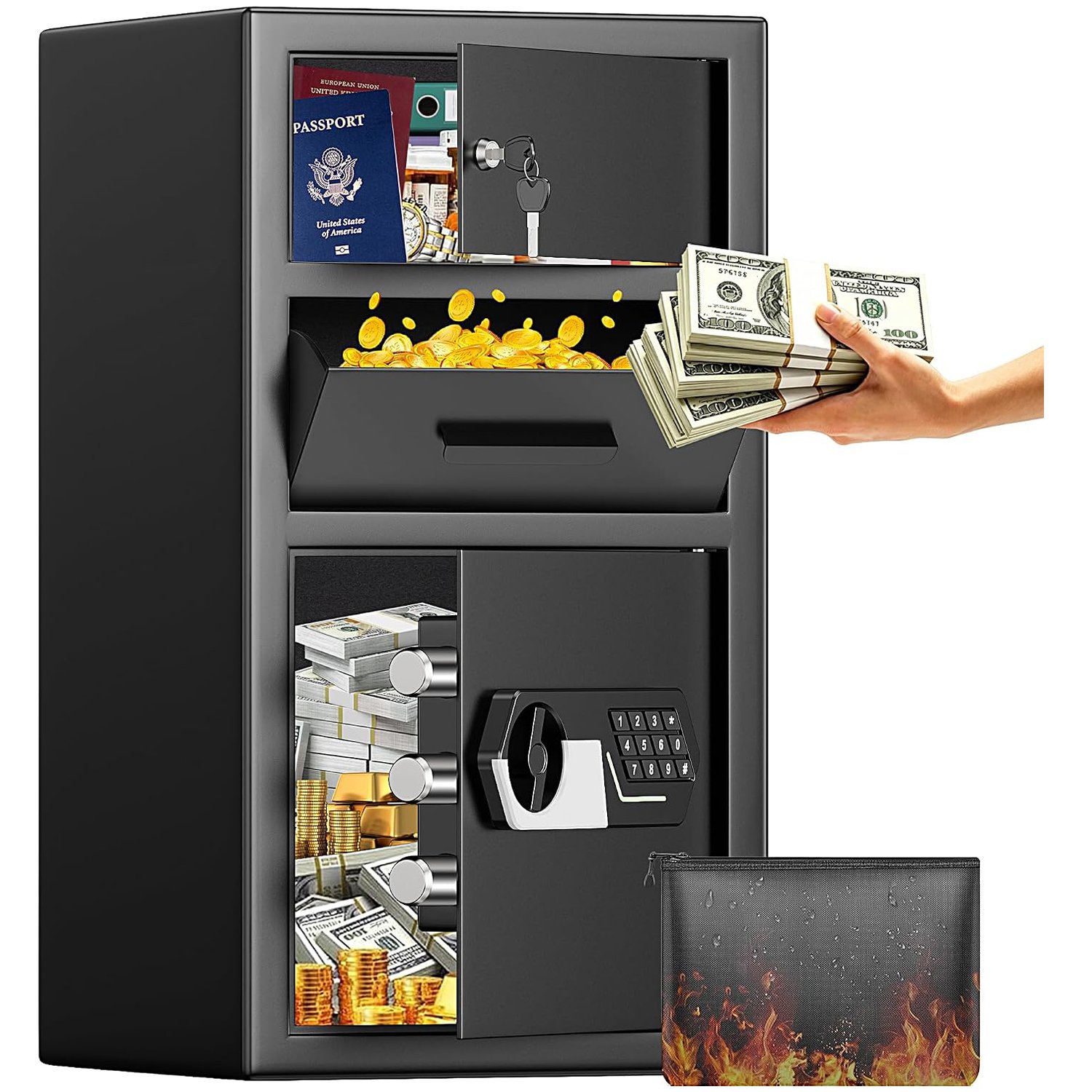 6.0 Cuft Business Depository Drop Safe, Anti‑Fishing Drop Slot, Combo Lock & Fireproof Bag for Retail Church